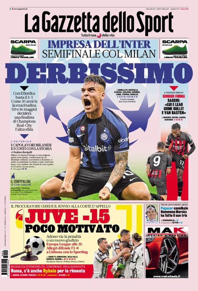 Prima Pagina Gazzetta Dello Sport Derbissimo Pianeta Milan