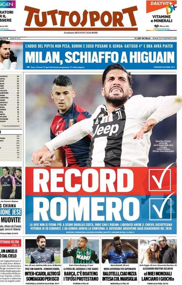 Prima Pagina, Tuttosport: “Record, Romero. Milan, schiaffo a Higuain. Inter-Icardi altro sì. Balotelli…” Prima Pagina, Tuttosport: “Record, Romero. Milan, schiaffo a Higuain. Inter-Icardi altro sì. Balotelli…”