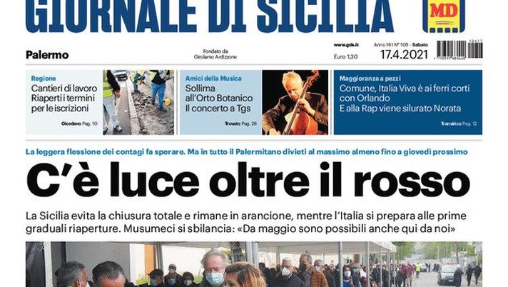 Prima Pagina, Giornale di Sicilia: “C’è luce oltre il rosso. Open days, vaccinazioni triplicati” 