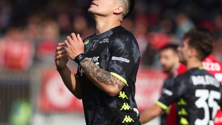 MONZA, ITALY - MARCH 04: Martin Satriano of Empoli FC reacts during the Serie A match between AC Monza and Empoli FC at Stadio Brianteo on March 04, 2023 in Monza, Italy. (Photo by Marco Luzzani/Getty Images) Satriano è tornato al gol, Zanetti: “È un segnale importante perché…” - immagine 1