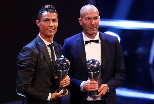 LONDON, ENGLAND - OCTOBER 23: Cristiano Ronaldo of Portugal and Real Madrid CF wins The best Fifa men's player and Zinedine Zidane of France and Real Madrid CF wins The Best FIFA Men's Coach during The Best FIFA Football Awards Show on October 23, 2017 in London, England. (Photo by Michael Steele/Getty Images) LONDON, ENGLAND - OCTOBER 23: Cristiano Ronaldo of Portugal and Real Madrid CF wins The best Fifa men's player and Zinedine Zidane of France and Real Madrid CF wins The Best FIFA Men's Coach during The Best FIFA Football Awards Show on October 23, 2017 in London, England. (Photo by Michael Steele/Getty Images)