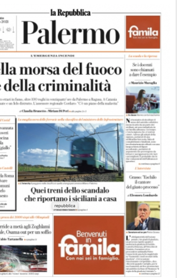 Prima Pagina, La Repubblica Palermo: “Nella morsa del fuoco e della criminalità”  Prima Pagina, La Repubblica Palermo: “Nella morsa del fuoco e della criminalità”