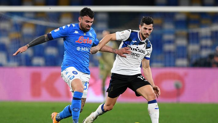 NAPLES, ITALY - FEBRUARY 03: Andrea Petagna of SSC Napoli battles for possession with Remo Freuler of Atalanta B.C. during the Coppa Italia match between SSC Napoli and Atalanta BC at Stadio Diego Armando Maradona on February 03, 2021 in Naples, Italy. Sporting stadiums around Italy remain under strict restrictions due to the Coronavirus Pandemic as Government social distancing laws prohibit fans inside venues resulting in games being played behind closed doors. (Photo by Francesco Pecoraro/Getty Images) NAPLES, ITALY - FEBRUARY 03: Andrea Petagna of SSC Napoli battles for possession with Remo Freuler of Atalanta B.C. during the Coppa Italia match between SSC Napoli and Atalanta BC at Stadio Diego Armando Maradona on February 03, 2021 in Naples, Italy. Sporting stadiums around Italy remain under strict restrictions due to the Coronavirus Pandemic as Government social distancing laws prohibit fans inside venues resulting in games being played behind closed doors. (Photo by Francesco Pecoraro/Getty Images)