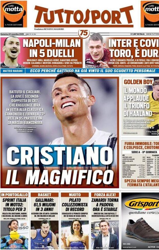  La prima pagina di Tuttosport, in edicola oggi 22 novembre 2020 