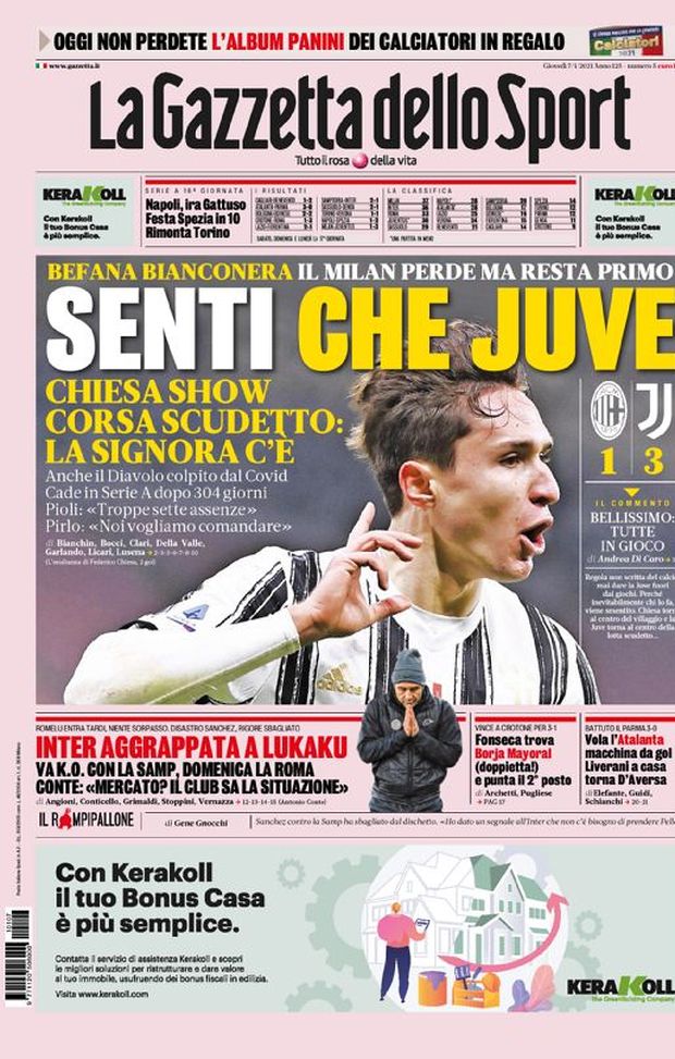 Prima Pagina, La Gazzetta dello Sport: “Senti che Juve. Corsa scudetto: la Signora c’è. Inter aggrappata a Lukaku” 