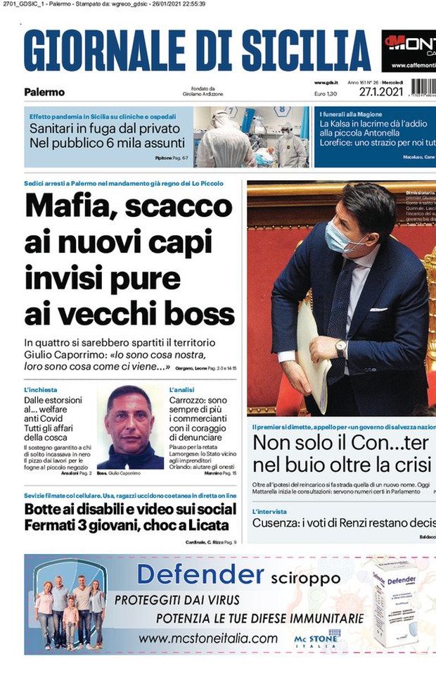 Prima Pagina, Giornale di Sicilia: “Mafia, scacco ai nuovi e vecchi boss. Covid, sanitari in fuga dal privato” Prima Pagina, Giornale di Sicilia: “Mafia, scacco ai nuovi e vecchi boss. Covid, sanitari in fuga dal privato”
