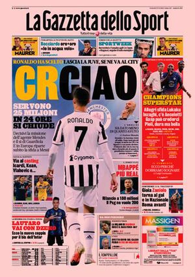 Prima Pagina, La Gazzetta dello Sport: “CRCIAO. Mbappé più Real. Gioia Zaniolo” Prima Pagina, La Gazzetta dello Sport: “CRCIAO. Mbappé più Real. Gioia Zaniolo”