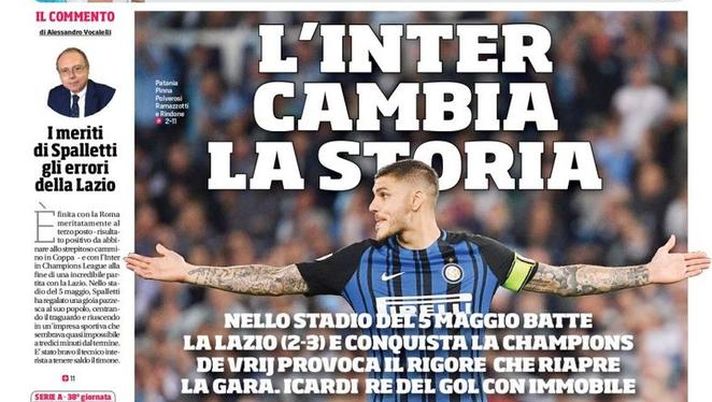 Prima Pagina, Corriere dello Sport: &#8220;L&#8217;Inter cambia la storia. Napoli, veleni e mistero. Crotone in Serie B&#8230;&#8221; 