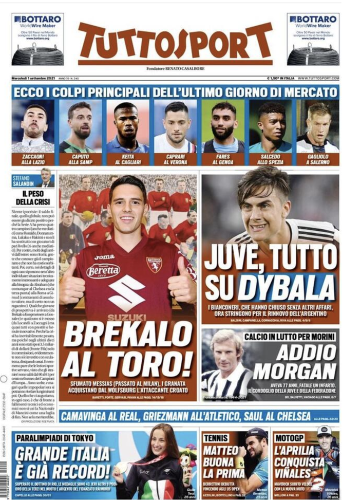 Prima Pagina, Tuttosport: “Juventus, tutto su Dybala. Brekalo al Toro!”  Prima Pagina, Tuttosport: “Juventus, tutto su Dybala. Brekalo al Toro!”