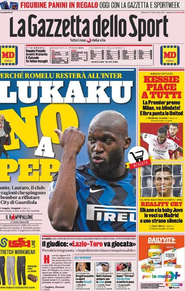 Prima Pagina, La Gazzetta dello Sport: “Lukaku, no a Pep. Reality Cristiano Ronaldo”  Prima Pagina, La Gazzetta dello Sport: “Lukaku, no a Pep. Reality Cristiano Ronaldo”