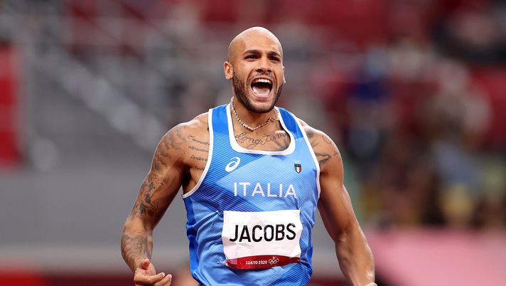 TOKYO, JAPAN - AUGUST 01: Lamont Marcell Jacobs of Team Italy reacts after winning the Men's 100m Final on day nine of the Tokyo 2020 Olympic Games at Olympic Stadium on August 01, 2021 in Tokyo, Japan. (Photo by David Ramos/Getty Images) 
