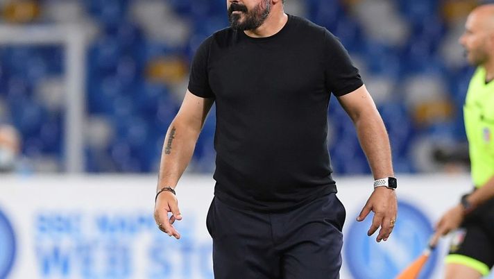NAPLES, ITALY - JULY 12: Gennaro Gattuso of Napoli looks on during the Serie A match between SSC Napoli and AC Milan at Stadio San Paolo on July 12, 2020 in Naples, Italy. (Photo by SSC NAPOLI/SSC NAPOLI via Getty Images) NAPLES, ITALY - JULY 12: Gennaro Gattuso of Napoli looks on during the Serie A match between SSC Napoli and AC Milan at Stadio San Paolo on July 12, 2020 in Naples, Italy. (Photo by SSC NAPOLI/SSC NAPOLI via Getty Images)