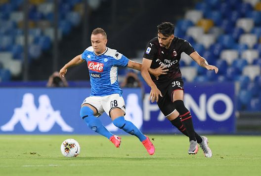 NAPLES, ITALY - JULY 12: Stanislav Lobotka of SSC Napoli vies with Lucas Paqueta of AC Milan during the Serie A match between SSC Napoli and AC Milan at Stadio San Paolo on July 12, 2020 in Naples, Italy. (Photo by Francesco Pecoraro/Getty Images) NAPLES, ITALY - JULY 12: Stanislav Lobotka of SSC Napoli vies with Lucas Paqueta of AC Milan during the Serie A match between SSC Napoli and AC Milan at Stadio San Paolo on July 12, 2020 in Naples, Italy. (Photo by Francesco Pecoraro/Getty Images)