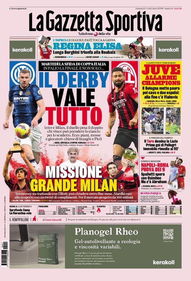 Prima Pagina, La Gazzetta dello Sport: “Il Derby vale tutto. Missione grande Milan”