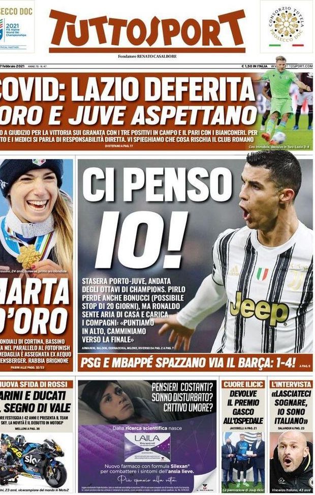 Prima Pagina, Tuttosport: “Ci Penso io! Stasera Porto-Juve andata ottavi di Champions. Covid: Lazio deferita, Toro e Juve aspettano” Prima Pagina, Tuttosport: “Ci Penso io! Stasera Porto-Juve andata ottavi di Champions. Covid: Lazio deferita, Toro e Juve aspettano”