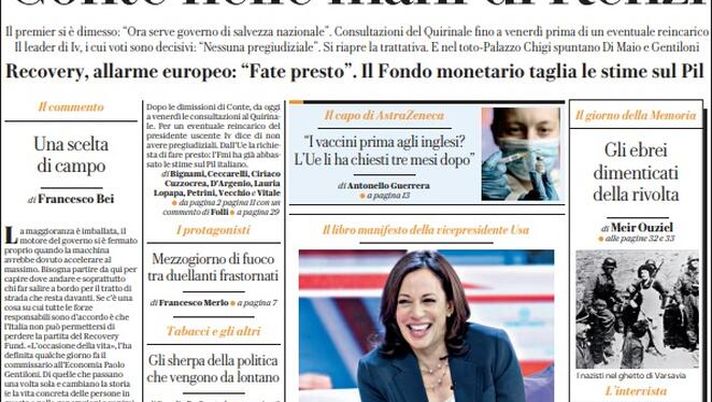 Prima Pagina, La Repubblica: “Governo in crisi: Conte nelle mani di Renzi. Recovery, allarme europeo” 