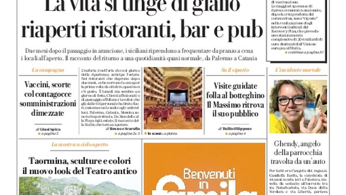 Prima Pagina, La Repubblica-Palermo: “La vita si tinge di giallo. Riaperti ristoranti, bar e pub” Prima Pagina, La Repubblica-Palermo: “La vita si tinge di giallo. Riaperti ristoranti, bar e pub”