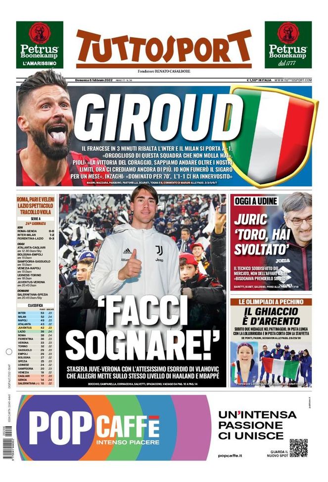 Prima Pagina, Tuttosport: “Facci sognare! Giroud, il Milan si porta a -1” - immagine 1