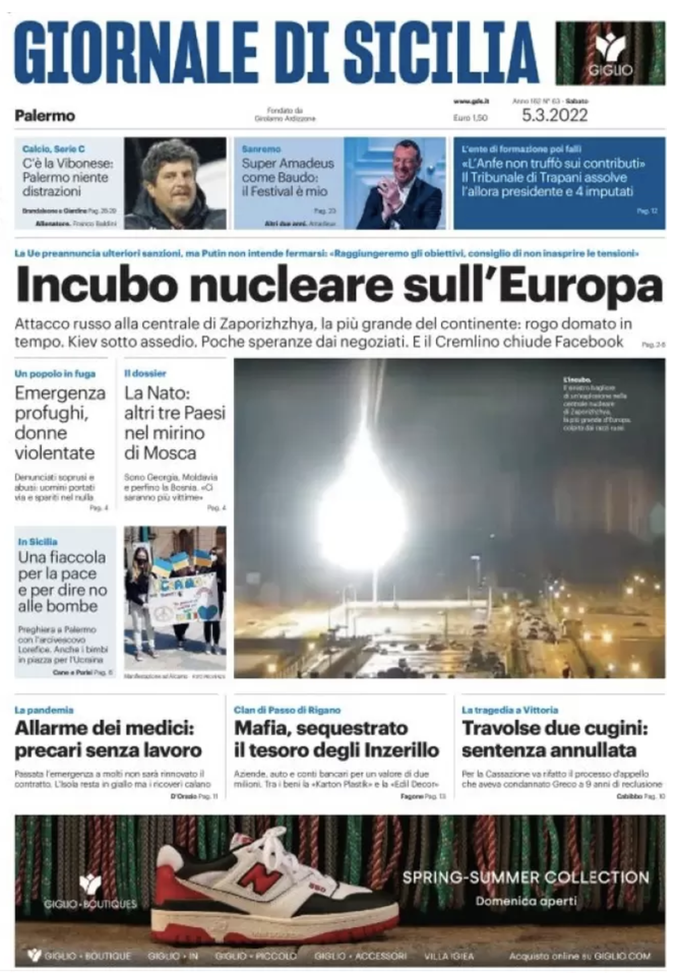Prima Pagina, Giornale di Sicilia: “Incubo nucleare sull’Europa. Allarme medici” prima pagina