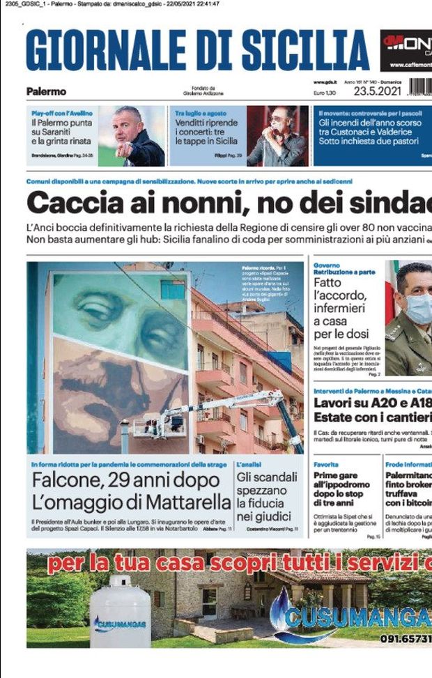 Prima Pagina, Giornale di Sicilia: “Caccia ai nonni, no dei sindaci. Falcone, 29 anni dopo. Il Palermo punta su Saraniti” Prima Pagina, Giornale di Sicilia: “Caccia ai nonni, no dei sindaci. Falcone, 29 anni dopo. Il Palermo punta su Saraniti”