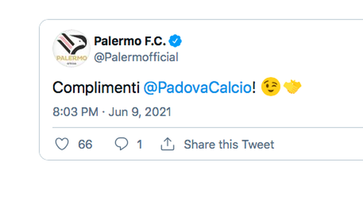 Playoff Serie C, Padova in finale: arrivano i complimenti social del Palermo Playoff Serie C, Padova in finale: arrivano i complimenti social del Palermo