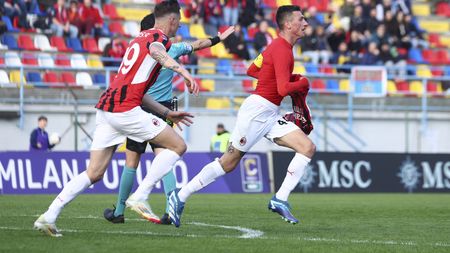 SOLBIATE ARNO, ITALY - MARCH 29: Michele Camporese of Milan Futuro celebrates after scoring the his team's third goal during the Serie C match between Milan Futuro and Campobasso at Stadio Felice Chinetti on March 29, 2025 in Solbiate Arno, Italy. (Photo by Giuseppe Cottini/AC Milan via Getty Images)