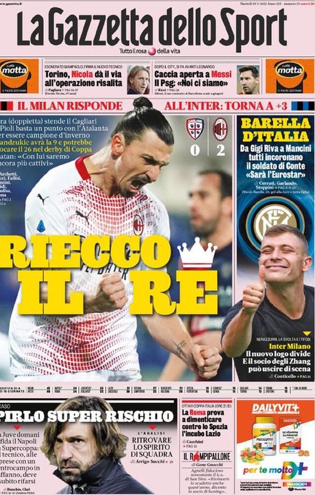 La Gazzetta dello Sport, la prima pagina di oggi, martedì 19 gennaio 2021 