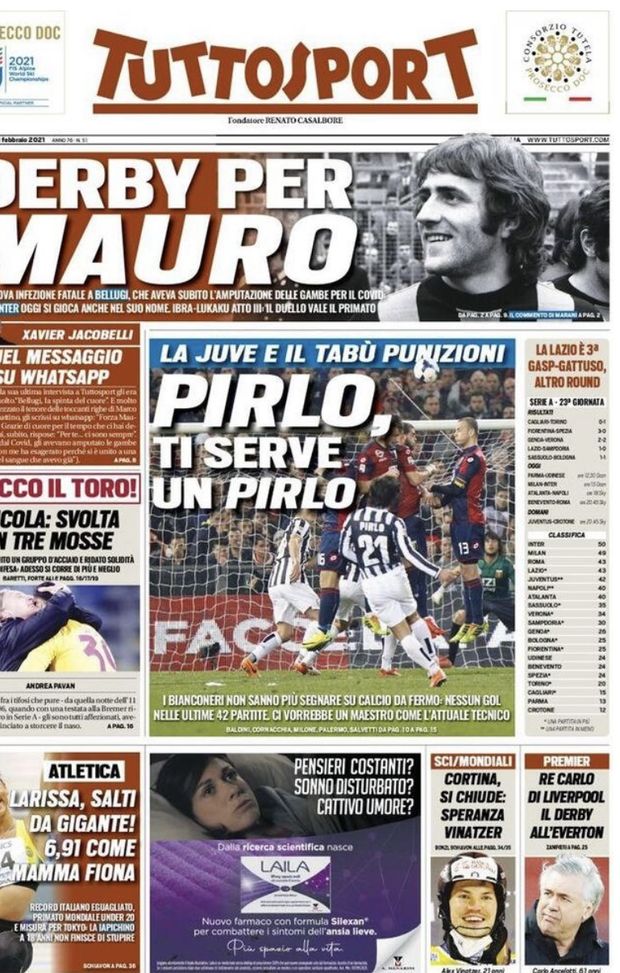 Prima Pagina, Tuttosport: “Pirlo, ti serve un Pirlo. Milan-Inter, derby per Mauro” Prima Pagina, Tuttosport: “Pirlo, ti serve un Pirlo. Milan-Inter, derby per Mauro”