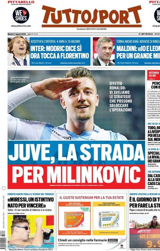 Prima Pagina, Tuttosport: “Juve, la strada per Milinkovic. Dal caso Chievo alla Serie C, caos calendari. Inter, Modric dice sì…” Prima Pagina, Tuttosport: “Juve, la strada per Milinkovic. Dal caso Chievo alla Serie C, caos calendari. Inter, Modric dice sì…”