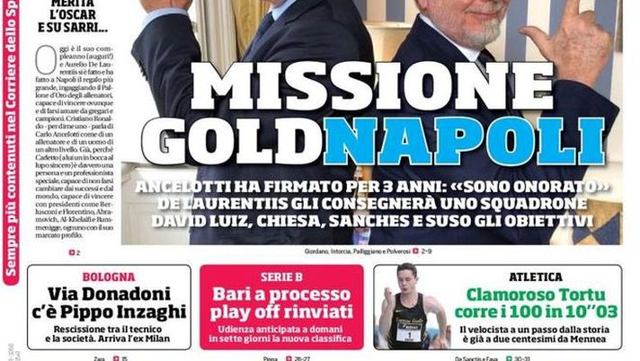 Prima Pagina, Corriere dello Sport: “Missione GoldNapoli. Morata vede la Juve. Bologna: via Donadoni. Serie B: Bari a processo…” 