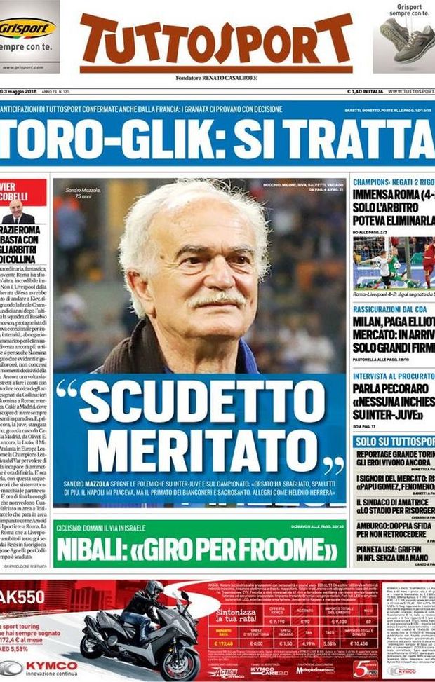 Prima Pagina, Tuttosport: “Mazzola: ‘Juve, scudetto meritato’. Immensa Roma, solo l’arbitro poteva eliminarla…” Prima Pagina, Tuttosport: “Mazzola: ‘Juve, scudetto meritato’. Immensa Roma, solo l’arbitro poteva eliminarla…”