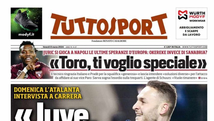 PRIMA PAGINA TUTTOSPORT OGGI: “Toro, Juric ti vuole speciale a Napoli” - immagine 1