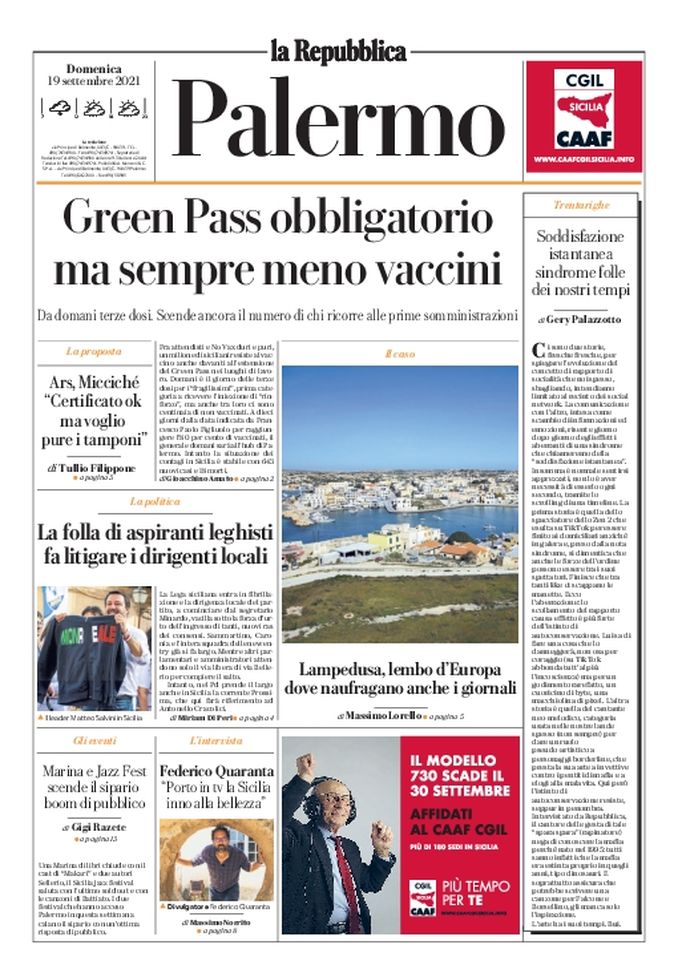Prima Pagina, La Repubblica-Palermo: “Green pass obbligatorio, sempre meno vaccinati” 