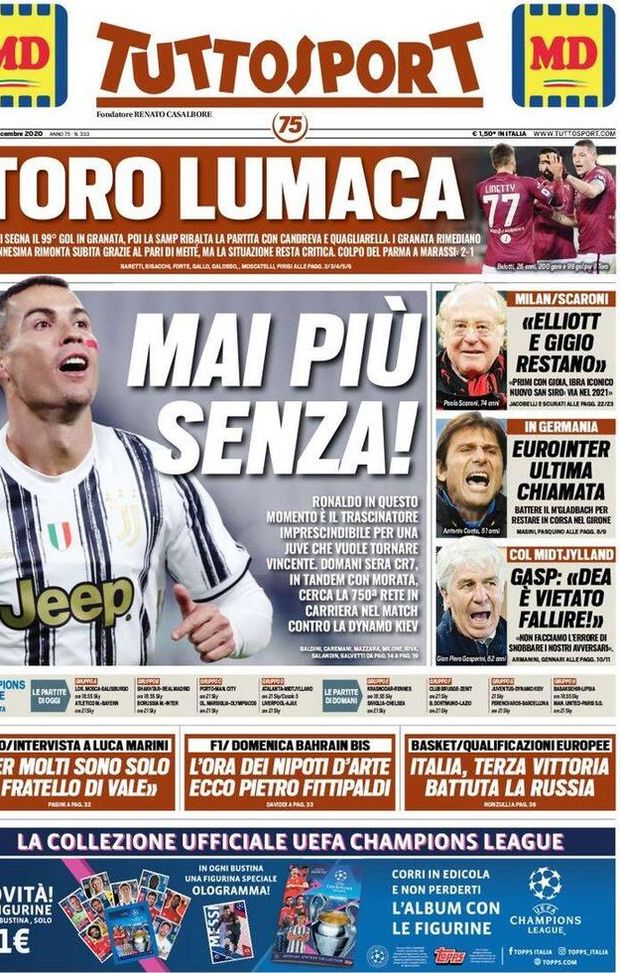  Tuttosport, la prima pagina di oggi, martedì 1° dicembre 2020 