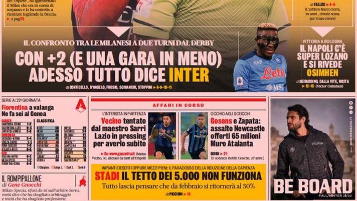 Prima Pagina, La Gazzetta dello Sport: “Stadi, il tetto dei 5000 non funziona” Prima Pagina