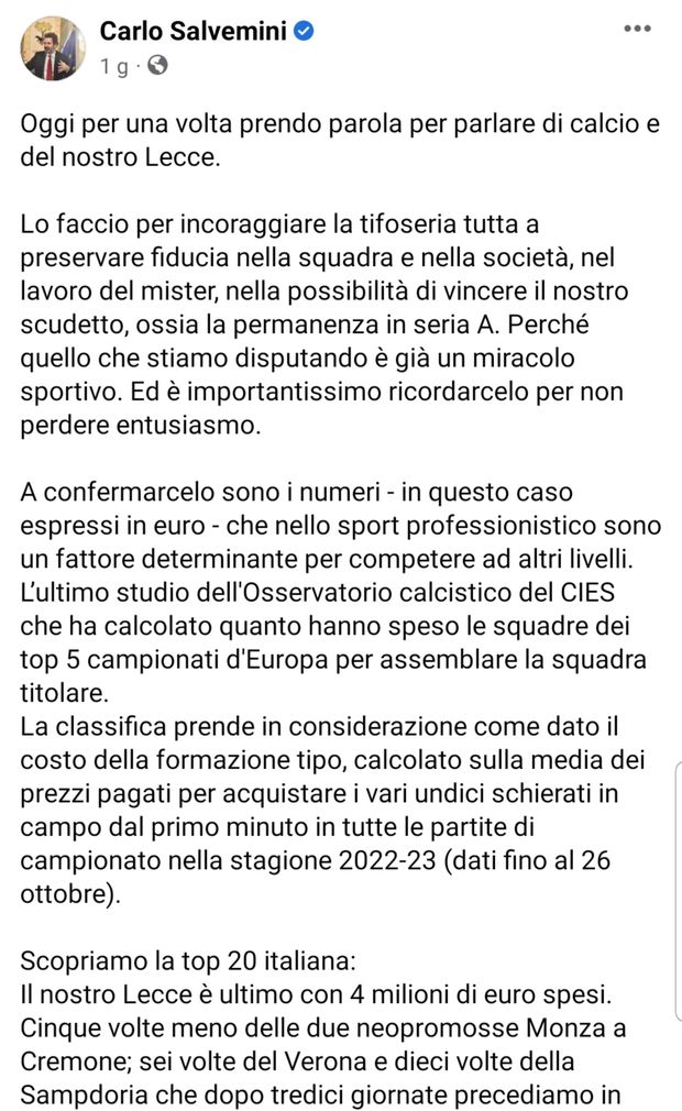 “Noi spendiamo poco, non come gli altri…”: il sindaco di Lecce irrita la Sampdoria!- immagine 2