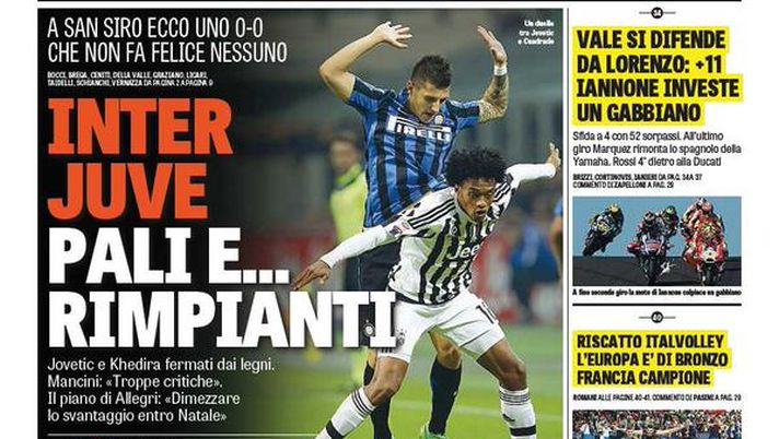 Prima Pagina, La Gazzetta dello Sport: “Inter-Juventus, pali e rimpianti. Jovetic-Khedira fermati dai legni. Higuain d’oro per il Napoli, la Fiorentina rimane prima. La sorpresa è il Sassuolo”  Prima Pagina, La Gazzetta dello Sport: “Inter-Juventus, pali e rimpianti. Jovetic-Khedira fermati dai legni. Higuain d’oro per il Napoli, la Fiorentina rimane prima. La sorpresa è il Sassuolo”