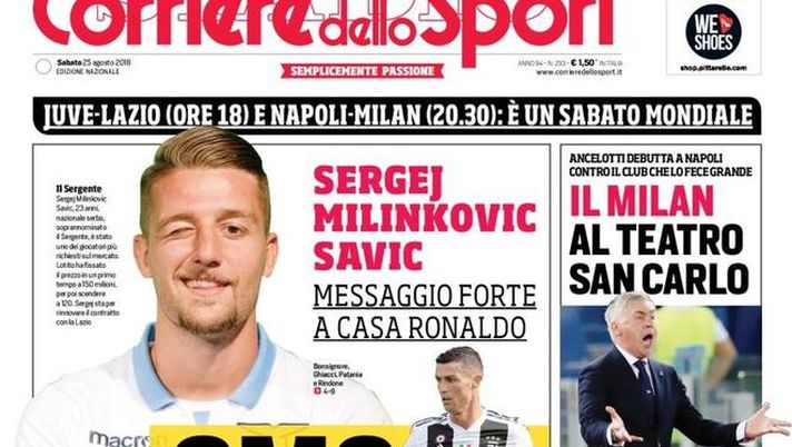 Prima Pagina, Corriere dello Sport: &#8220;SMS di sfida. Il Milan al teatro San Carlo. E&#8217; partita la B, brivido Nesta&#8230;&#8221; 