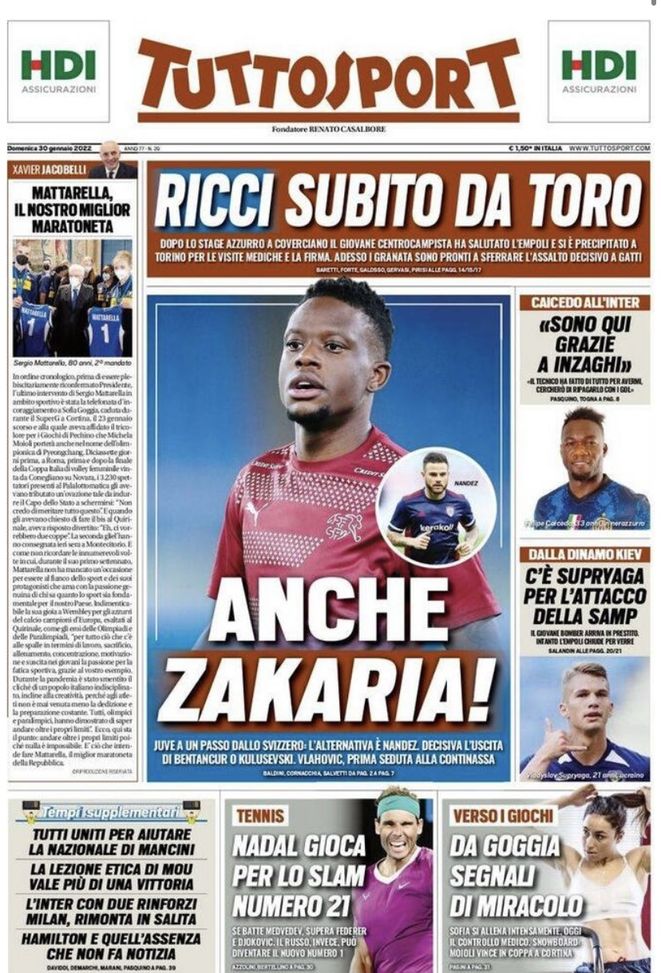 Prima Pagina, Tuttosport: “Anche Zakaria! Ricci subito da Toro” - immagine 1