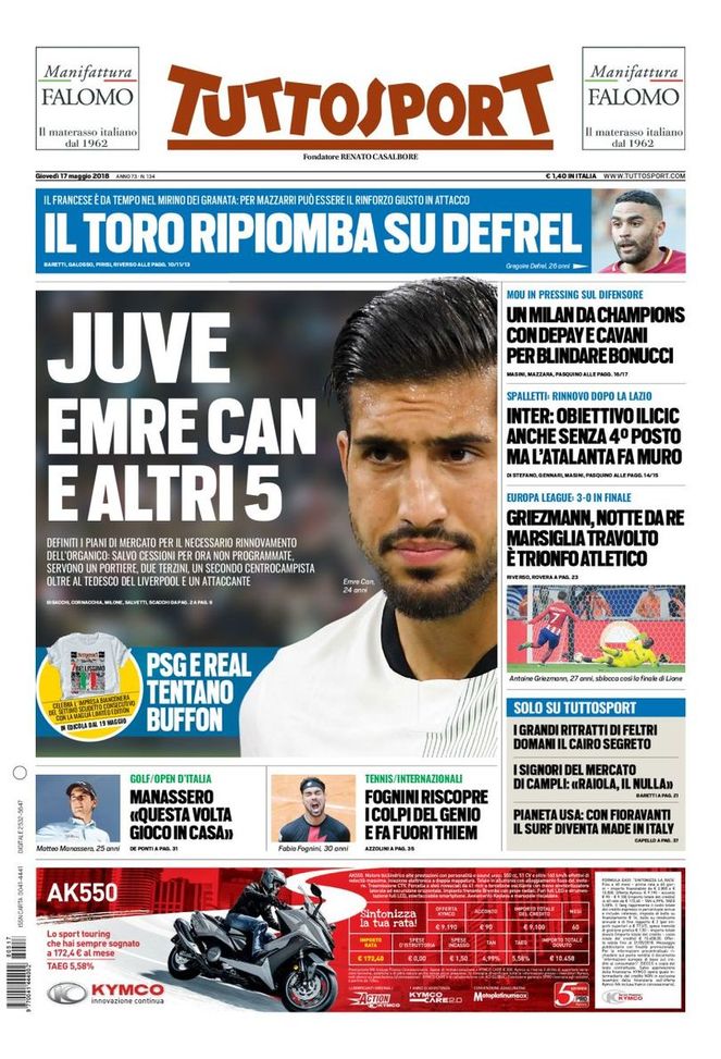 Prime pagine – Tuttosport: “Juve, Emre Can più altri cinque. Due colpi Milan, Inter su Ilicic”- immagine 2