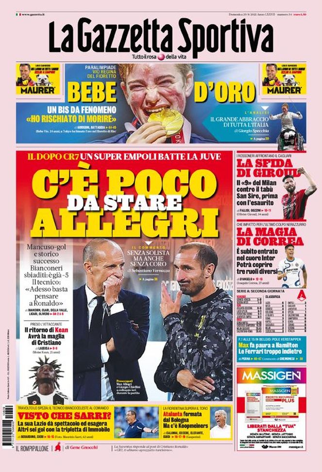 Prima Pagina, La Gazzetta dello Sport: “C’è poco da stare Allegri” Prima Pagina, La Gazzetta dello Sport: “C’è poco da stare Allegri”