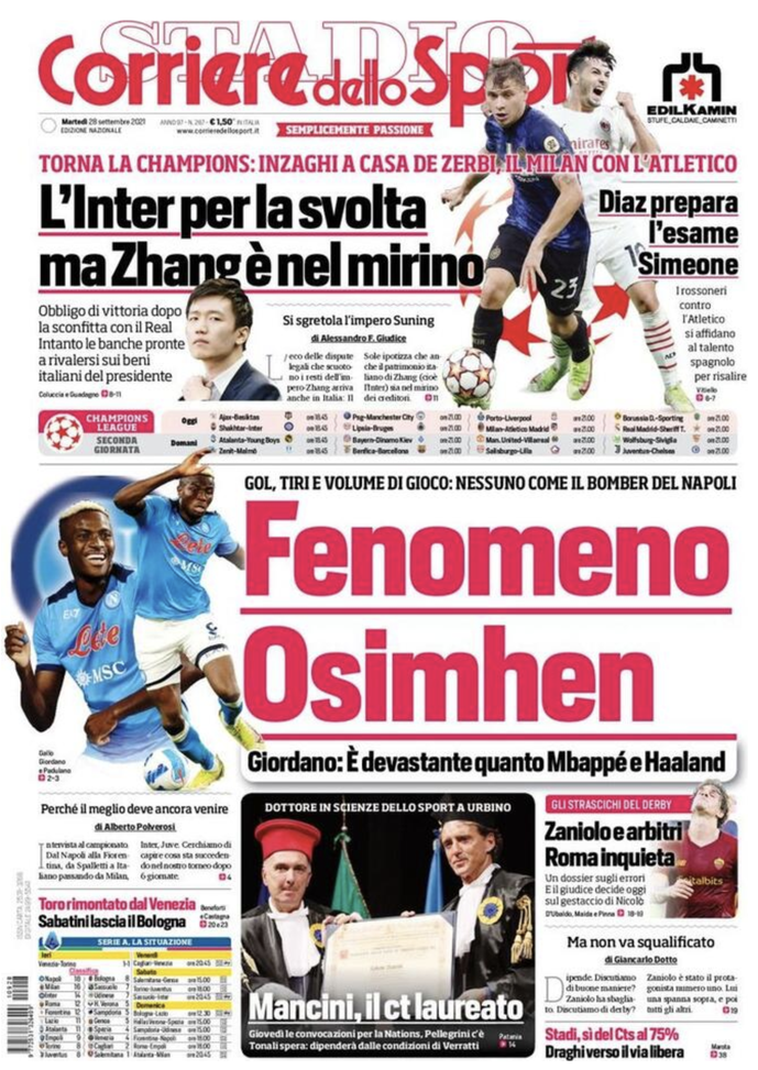 Prima Pagina, Corriere dello Sport: “Fenomeno Osimhen, l’Inter per la svolta” Prima Pagina, Corriere dello Sport: “Fenomeno Osimhen, l’Inter per la svolta”