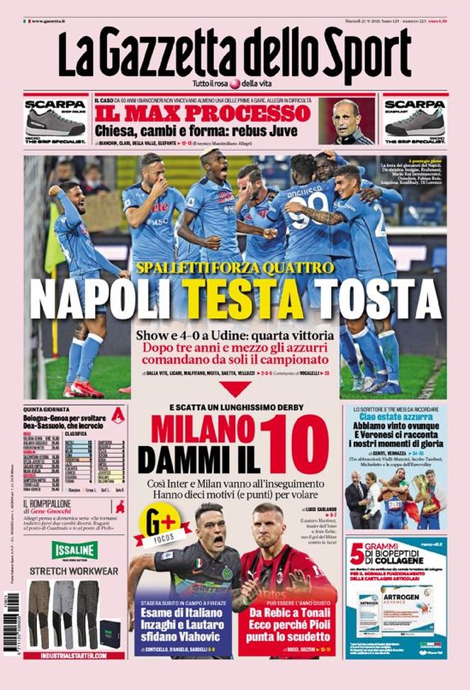 Prima Pagina, La Gazzetta dello Sport: “Napoli testa tosta. Milano dammi il 10”  Prima Pagina, La Gazzetta dello Sport: “Napoli testa tosta. Milano dammi il 10”