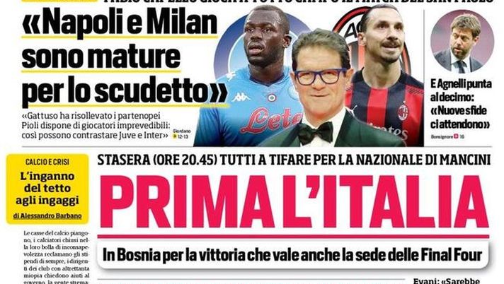 Il Corriere dello Sport, la prima pagina di oggi, mercoledì 18 novembre 2020 
