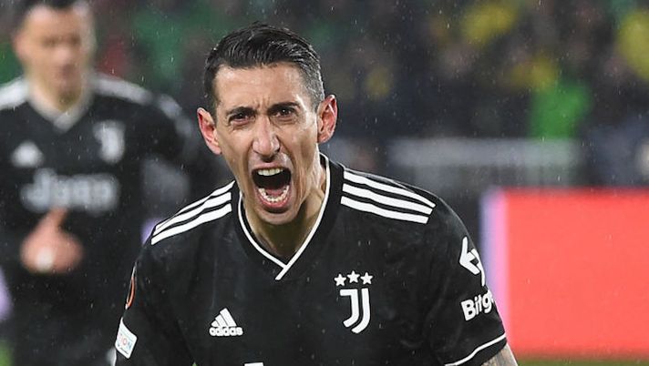 Juventus' Argentine forward Angel Di Maria celebrates scoring his team's second goal during the UEFA Europa League round of 32, second leg football match between FC Nantes and Juventus FC, at The Stade de la Beaujoire in Nantes on February 23, 2023. (Photo by Sebastien SALOM-GOMIS / AFP) (Photo by SEBASTIEN SALOM-GOMIS/AFP via Getty Images) Allegri tranquillizza su Di Maria: “Sarà sicuramente a disposizione contro l’Inter” - immagine 1