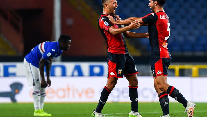 GENOA, ITALY - JULY 22: Domenico Criscito (C) and Edoardo Goldaniga of Genoa celebrate after the Serie A match between UC Sampdoria and Genoa CFC at Stadio Luigi Ferraris on July 22, 2020 in Genoa, Italy. (Photo by Paolo Rattini/Getty Images) GENOA, ITALY - JULY 22: Domenico Criscito (C) and Edoardo Goldaniga of Genoa celebrate after the Serie A match between UC Sampdoria and Genoa CFC at Stadio Luigi Ferraris on July 22, 2020 in Genoa, Italy. (Photo by Paolo Rattini/Getty Images)