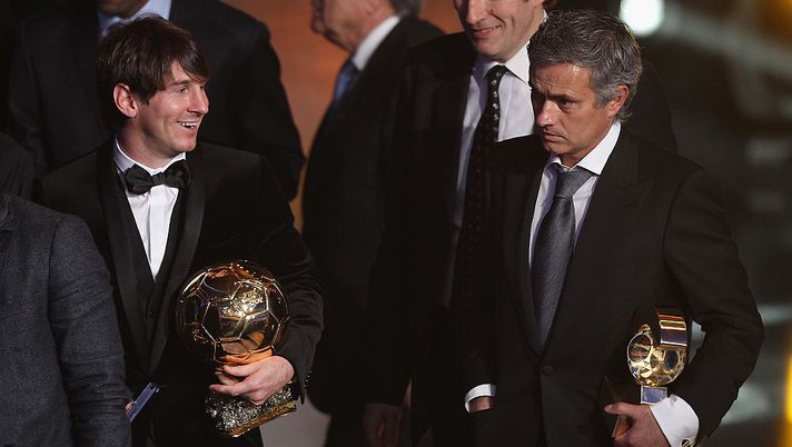 ZURICH, SWITZERLAND - JANUARY 10: Lionel Messi (l) of Argentina and Barcelona FC winner of the men's player of the year alongside Jose Mourinho (r) of Portugal and Real Madrid FC winner of coach of the yea award during the FIFA Ballon d'or Gala at the Zurich Kongresshaus on January 10, 2011 in Zurich, Switzerland. (Photo by Michael Steele/Getty Images) ZURICH, SWITZERLAND - JANUARY 10: Lionel Messi (l) of Argentina and Barcelona FC winner of the men's player of the year alongside Jose Mourinho (r) of Portugal and Real Madrid FC winner of coach of the yea award during the FIFA Ballon d'or Gala at the Zurich Kongresshaus on January 10, 2011 in Zurich, Switzerland. (Photo by Michael Steele/Getty Images)