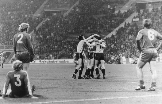 Dynamo Dresden players celebrate after their first goal against Bayern Munich in the second round, first leg of the European Cup at the Munich Olympic Stadium, 25th October 1973. Bayern Munich won 4-3. (Photo by Keystone/Hulton Archive/Getty Images) Dynamo Dresden players celebrate after their first goal against Bayern Munich in the second round, first leg of the European Cup at the Munich Olympic Stadium, 25th October 1973. Bayern Munich won 4-3. (Photo by Keystone/Hulton Archive/Getty Images)