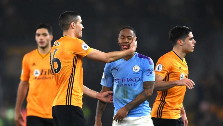 WOLVERHAMPTON, ENGLAND - DECEMBER 27: Raheem Sterling of Manchester CIty and Conor Coady of Wolverhampton Wanderers embrace after the match during the Premier League match between Wolverhampton Wanderers and Manchester City at Molineux on December 27, 2019 in Wolverhampton, United Kingdom. (Photo by Shaun Botterill/Getty Images) WOLVERHAMPTON, ENGLAND - DECEMBER 27: Raheem Sterling of Manchester CIty and Conor Coady of Wolverhampton Wanderers embrace after the match during the Premier League match between Wolverhampton Wanderers and Manchester City at Molineux on December 27, 2019 in Wolverhampton, United Kingdom. (Photo by Shaun Botterill/Getty Images)