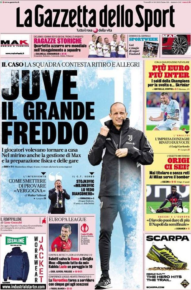 Prima pagina Gazzetta dello Sport 14/10/2022